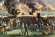 Dessin couleurs de soldats tirant au canon pendant la bataille de Fort Sumter, beaucoup de fumées