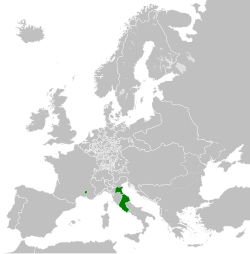 Harta e Shteteve Papale (jeshile) në 1789 përpara se francezët të kapnin tokat papale në Francë, duke përfshirë enklavat e saj të Benevento dhe Pontecorvo në Italinë jugore, dhe Comtat Venaissin dhe [[Avignon] ]] në Francën jugore