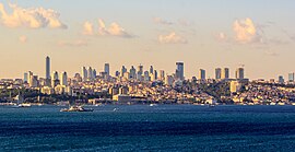 A distant view of Levent's skyline from the Bosphorus strait in Istanbul