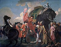 Robert Clive with Mir Jafar after the Battle of Plassey. Mir Jafar's betrayal towards the Nawab Siraj-ud-Daulah of Bengal in Plassey made the battle one of the main factors of British supremacy in the sub-continent.