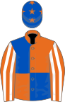 Orange and Royal Blue (quartered), Orange and White striped sleeves, Royal Blue cap, Orange stars