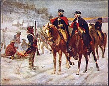 Painting showing Washington and the Marquis de Lafayette on horseback in a winter setting, at Valley Forge