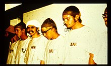 Several white male people lined up along a white wall. They are wearing identical white smocks with numbertags on their chests. Their hair is covered by nylon and cotton bonnets.