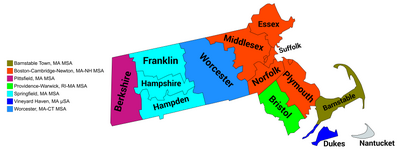 Map of the seven core-based statistical areas in Massachusetts.