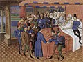 Miniature by the Master of Jouvenel des Oursins, 1460. The near courtier has a chaperon over his shoulder as well as a hat. Behind the bed some Eastern princes wear turbans.