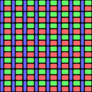 RGB 液晶（左）と有機EL（右）の例 赤1個、緑1個、青1個の3つのサブピクセルで、1つのフルカラー正方形のユニットを構成し、1ユニットで1ピクセルとなる。