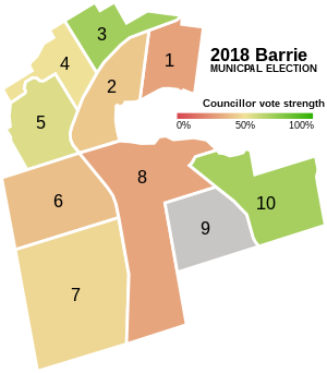 A map of Barrie with each of the 10 wards labelled and coloured according to the data listed below