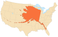 Kaart van die grootte van Alaska in vergelyking met die ander Amerikaanse state op die vasteland van Noord-Amerika waarna Alaskaners as die Lower 48 verwys.