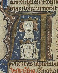 Inside an initial letter are drawn two heads with necks, a male over a female. They are both wearing coronets. The man's left eye is drawn differently both from his right and those of the woman.