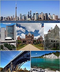Din stânga sus: Centrul orașului unde se află CN Tower și Districtul Financiar văzut dinspre Insulele Toronto, primăria din Toronto, Clădirea Legislativă Ontario, Casa Loma, Viaductul Prince Edward și Scarborough Bluffs