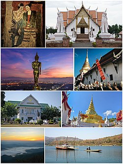 (from top left, clockwise) – "Kra Sib Ruk" murals in Wat Phumin, Quadra-façade Ubosot of Wat Phumin, Wat Phra That Chang Kham, Wat Phra That Chae Haeng, Sirikit Dam, Si Nan National Park, National Museum of Nan, Leela Buddha of Wat Phra That Khao Noi
