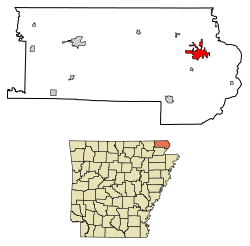 Location of Piggott in Clay County, Arkansas.