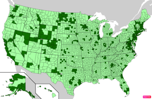 Counties in the United States by median nonfamily household income according to the U.S. Census Bureau American Community Survey 2013–2017 5-Year Estimates.[239] Counties with median nonfamily household incomes higher than the United States as a whole are in full green.