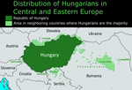 Ethnic map depicting the contemporary ethnic distribution of Hungarians across the Pannonian Basin (also known and referred to as the Carpathian Basin). Legend:   Hungary proper where Hungarians are the ethnic majority people   Regions outside Hungary where there are notable ethnic Hungarian minorities
