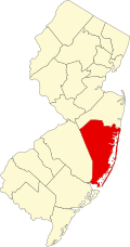 オーシャン郡の位置を示したニュージャージー州の地図