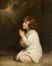 tableau représentant un jeune enfant agenouillé, les mains jointes en prière, portant une longue chemise blanche et se tenant devant un fond sombre percé d'un trait de lumière d'apparence surnaturelle