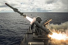 A harpoon missile launches from the missile deck of the USS Coronado off the coast of Guam, Aug. 22, 2017.jpg