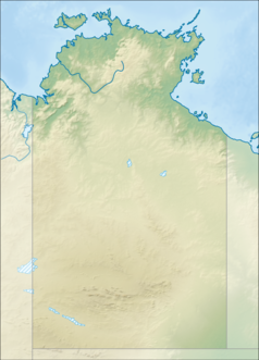 Mapa konturowa Terytorium Północnego, blisko górnej krawiędzi nieco na prawo znajduje się punkt z opisem „Milingimbi”