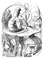 Image 10 Caterpillar, Alice's Adventures in Wonderland Artist: Sir John Tenniel Sir John Tenniel's illustration of the Caterpillar for Lewis Carroll's classic children's book, Alice's Adventures in Wonderland. The illustration is noted for its ambiguous central figure, which can be viewed as having either a human male's face with pointed nose and protruding lower lip or as the head end of an actual caterpillar, with the right three "true" legs visible. The small symbol in the lower left is composed of Tenniel's initials, which was how he signed most of his work for the book. The partially obscured word in the lower left-center is the last name of Edward Dalziel, the engraver of the piece. More selected pictures