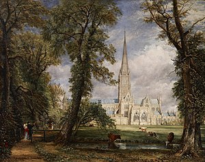 Salisbury Cathedral from the Bishop's Grounds c. 1825. As a gesture of appreciation for John Fisher, the Bishop of Salisbury, who commissioned this painting, Constable included the Bishop and his wife in the bottom left corner. Frick Collection, New York City.