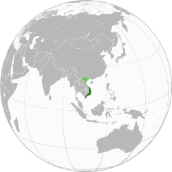 The administrative territory of the Republic of Vietnam according to the 1954 Geneva Accord is shown in dark green; territory claimed but not controlled is shown in light green.