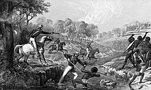 A tinted lithograph depicting the Waterloo Creek massacre of Indigenous warriors by the New South Wales Military Mounted Police.