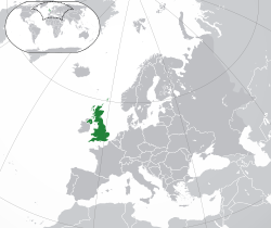 यूनाईटेड किंगडम (गहरे हरे रंग में) यूरोपीय संघ के सम्बन्ध में दिखाया गया (हल्के हरे रंग में) और अन्य क्षेत्र यूरोप के (गहरा स्लेटी)