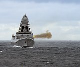 INS Chennai (D65) fires its weapons during Malabar 2020.