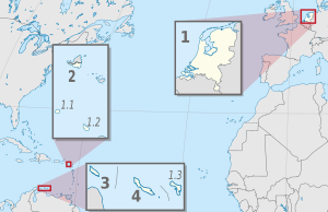 地理的な位置関係 * オランダ(1)の一部であるサバ島 (1.1)、シント・ユースタティウス島 (1.2)、ボネール島 (1.3) が示されている。 * シント・マールテン (2)、アルバ (3)、キュラソー (4) はオランダ王国構成国。
