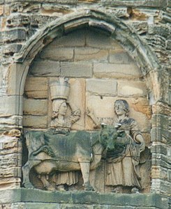 A legend claims that monks carrying the body of Saint Cuthbert were led by a milk maid who had lost her dun cow. They built Durham Cathedral where it was found.[173]