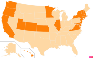 States in the United States by the percentage of the over 25-year-old population with bachelor's degrees according to the U.S. Census Bureau American Community Survey 2013–2017 5-Year Estimates.[26] States with higher percentages of bachelor's degrees than the United States as a whole are in full orange.