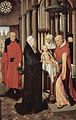 another Presentation at the Temple by Hans Memling c. 1470. St Joseph now wears an evolved but simple chaperon with a short cornette around his shoulders.