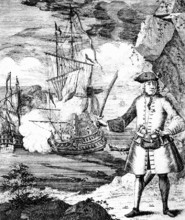 An 18th-century depiction of Henry Every, with the Fancy shown engaging its prey in the background