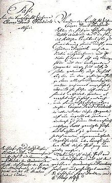 Handschriftliches Schriftstück mit der Aufschrift „Pass“. Auf der linken Spalte ist ein größeres freies Feld, so dass nur oben und unten wenig Text steht. Die rechte Spalte ist komplett vollgeschrieben und trägt unten das Datum „6.May 1799“.