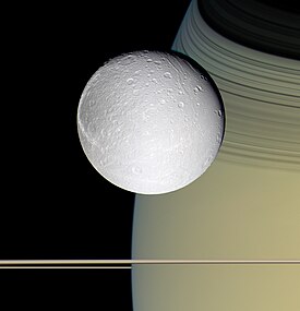 The moon Dione orbiting Saturn