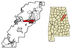 Location of Oxford in Calhoun County and Talladega County, Alabama.