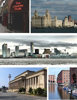 Medurs uppifrån vänster: Cavern Club, Three Graces of the Pier Head (Liver Building, Cunard Building och Port of Liverpool Building), Liverpools affärsdistrikt, Albert Dock och St George's Hall.