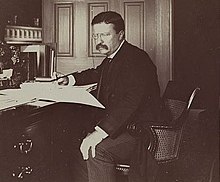 Theodore Roosevelt sitting at a desk strewn with papers