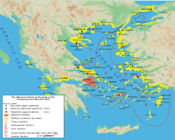Deloksen meriliiton alueet ja tärkeimmät jäsenet peloponnesolaissodan alussa vuonna 431 eaa.
