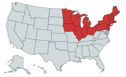 Historically, especially in the time the American Civil War the states in red were known as "the North"; settlement expansion to the Pacific (upper left) extended the Northern United States all along the Canada–United States border