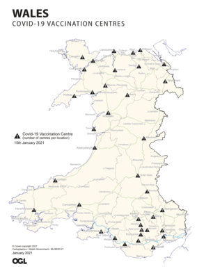 Vaccination site locations in Wales, as at 15 January 2021