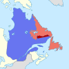 Quebec today. Quebec (in blue) has a border dispute with Labrador (in red).