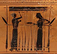 Shuttles are passed, not thrown, through warp-weighted looms. These Ancient Greek weavers have a yarn-wrapped stick.[22]