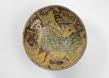 10th century bowl from Nishapur, Iran. Decorated in folk style, depicting Buraq. Khalili Collection.