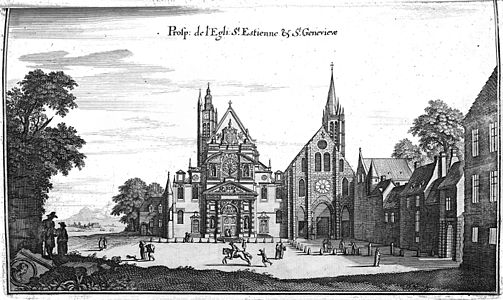 The church (left) and abbey church (right) in 1655