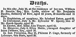 A newspaper article listing the death of Gage