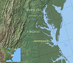 Location of Jamestown in Virginia