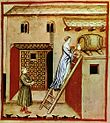 illustration médiévale du taccuino sanitatis montrant le soutirage du vinaigre.A