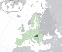 Location of Hungary (dark green) – in Europe (green & dark grey) – in the European Union (green)  –  [Legend]