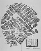 Černobílá reprodukce měditirytiny zachycující oválný tvar města s patrným uličním členěním